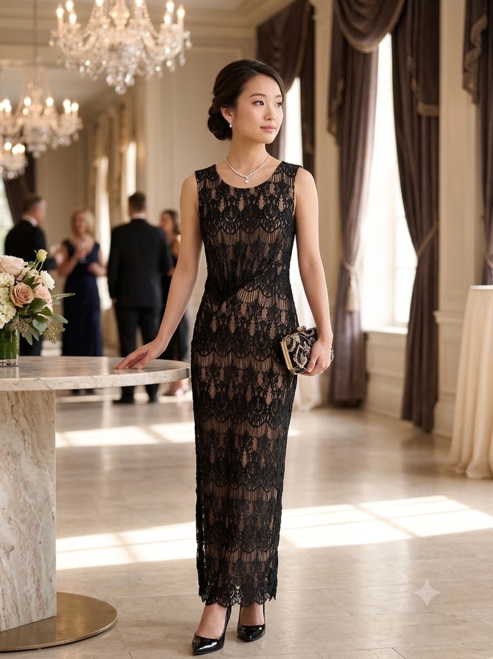 Rachel & Chloe Black Lace Evening Gown